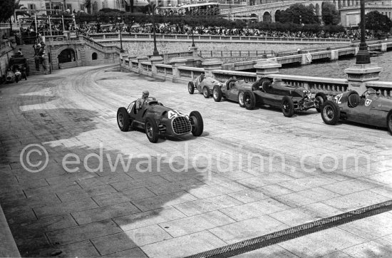 Alberto Ascari, (40) Ferrari 125, Giuseppe "Nino" Farina, (32) Alfa Romeo 158 Alfetta, Toulo de Graffenried (52) Maserati 4CLT, Franco Rol, (44) on Maserati 4CLT, Maurice Trintignant, (12) on Simca Gordini 1500C. Monaco Grand Prix 1950. - Photo by Edward Quinn