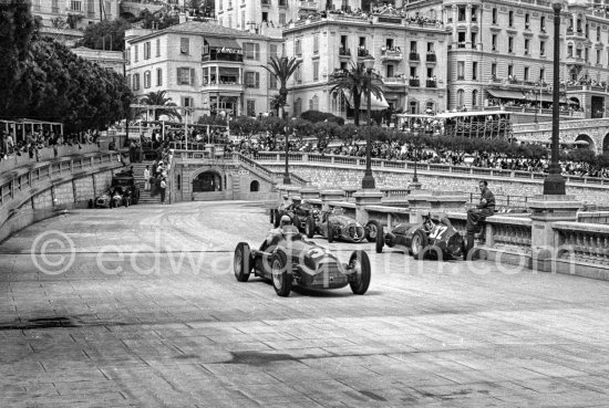 Juan Manuel Fangio, (34) Alfa Romeo 158 Alfetta, winner of the Monaco Grand Prix 1950, Giuseppe "Nino" Farina, (32) Alfa Romeo 158 Alfetta, Toulo de Graffenried (52) Maserati 4CLT, Franco Rol, (44) on Maserati 4CLT. - Photo by Edward Quinn