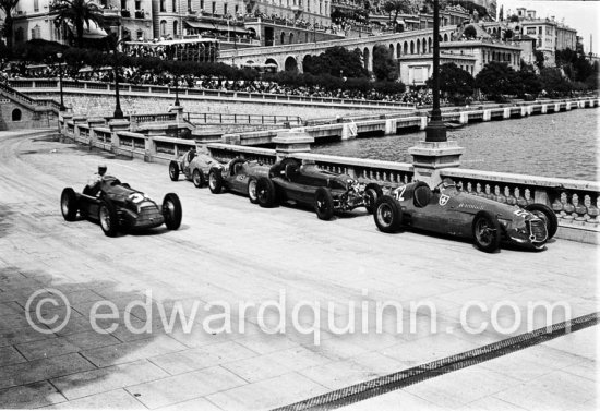 Juan Manuel Fangio (34), Alfa Romeo 158 Alfetta, winner of the Grand Prix Automobile de Monaco 1950, Nino Farina (32), Alfa Romeo 158 Alfetta, Toulo de Graffenried (52), Maserati 4CLT, Franco Rol (44) on Maserati 4CLT - Photo by Edward Quinn
