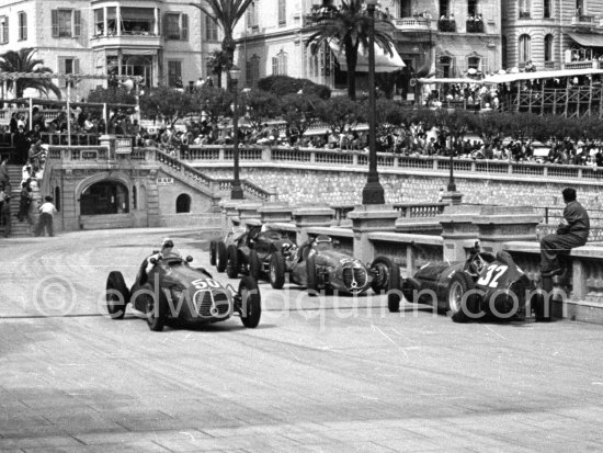 Prince Bira, (50) Maserati 4CLT, Giuseppe "Nino" Farina, (32) Alfa Romeo 158 Alfetta, Toulo de Graffenried, (52) Maserati 4CLT, Franco Rol, (44) on Maserati 4CLT. Monaco Grand Prix 1950. - Photo by Edward Quinn
