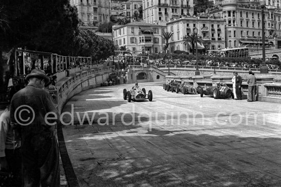 Johnny Claes, (6) Talbot Lago T26, Giuseppe "Nino" Farina, (32) Alfa Romeo 158 Alfetta, Toulo de Graffenried (52) Maserati 4CLT, Franco Rol, (44) on Maserati 4CLT. Monaco Grand Prix 1950. - Photo by Edward Quinn