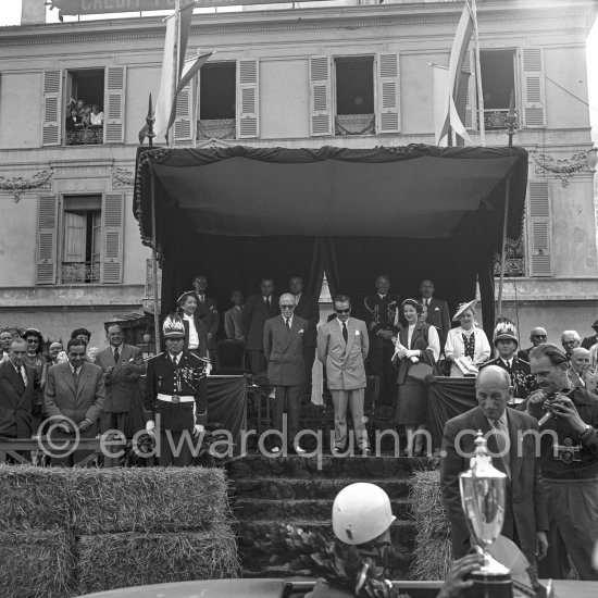 Winner of the Prix de Monte Carlo Robert Manzon, Gordini 23S. Prince Rainier and his father Prince Pierre. Right Antony Noghès, founder of the race. Monaco Grand Prix 1952, transformed into a race for sports cars. This was a two day event, the Sunday for the up to 2 litres (Prix de Monte Carlo), the Monday for the bigger engines, (Monaco Grand Prix). - Photo by Edward Quinn