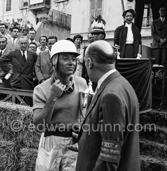 Robert Manzon, Gordini 23S (14), winner of the Prix de Monte Carlo with Antony Noghès, founder of the race This was a two day event, the Sunday for the up to 2 litres (Prix de Monte Carlo), the Monday for the bigger engines, (Monaco Grand Prix). - Photo by Edward Quinn