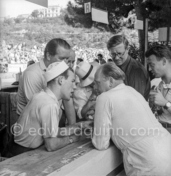 Drivers Stirling Moss, Anthony Hume, (behind Moss) and Reginald Parnell (right). Monaco Grand Prix 1952, transformed into a race for sports cars. This was a two day event, the Sunday for the up to 2 litres (Prix de Monte Carlo), the Monday for the bigger engines, (Monaco Grand Prix). - Photo by Edward Quinn