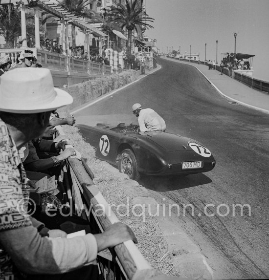 The accident at Sainte-Dévote: Reg Parnell, (72) Aston Martin DB3. The Aston engine of Parnell blows up in the Ste-Devote and aligns his car against the straw bales, Stagnoli brakes too hard and does a double spin. Moss, Jaguar C-Type XKC 003 and Manzon find an obstructed road, spin and end up against the poor Aston, then Hume spins and reverses into the pile. Lucky nobody gets hurt. Moss restarted after the accident, but got a black flag for receiving outside help. Monaco Grand Prix 1952, transformed into a race for sports cars. This was a two day event, the Sunday, Prix Monte Carlo, for the up to 2 litres (Prix de Monte Carlo), the Grand Prix, Monday for the bigger engines, (Monaco Grand Prix). - Photo by Edward Quinn