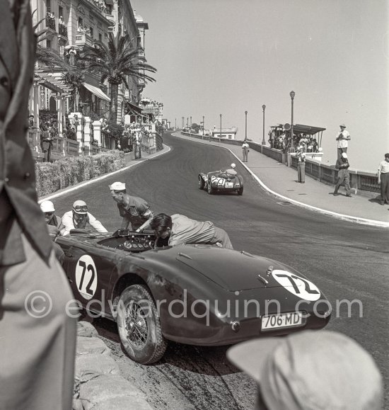 The accident at Sainte-Dévote: Reg Parnell, (72) Aston Martin DB3, Stagnoli, (90) Ferrari 225S. The Aston engine of Parnell blows up in the Ste-Devote and aligns his car against the straw bales, Stagnoli brakes too hard and does a double spin. Moss, Jaguar C-Type XKC 003 and Manzon find an obstructed road, spin and end up against the poor Aston, then Hume spins and reverses into the pile. Fortunately nobody gets hurt. Moss restarted after the accident, but got a black flag for receiving outside help. Monaco Grand Prix 1952, transformed into a race for sports cars. This was a two day event, the Sunday, Prix Monte Carlo, for the up to 2 litres (Prix de Monte Carlo), the Grand Prix, Monday for the bigger engines, (Monaco Grand Prix). - Photo by Edward Quinn