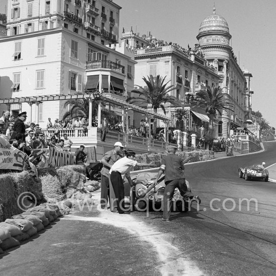 The accident at Sainte-Dévote: Robert Manzon, (56) Simca Gordini I5S. The Aston engine of Parnell blows up in the Ste-Devote and aligns his car against the straw bales, Stagnoli brakes too hard and does a double spin. Moss, Jaguar C-Type XKC 003 and Manzon find an obstructed road, spin and end up against the poor Aston, then Hume spins and reverses into the pile. Fortunately nobody gets hurt. Moss restarted after the accident, but got a black flag for receiving outside help. Monaco Grand Prix 1952, transformed into a race for sports cars. This was a two day event, the Sunday for the up to 2 litres (Prix de Monte Carlo), the Monday for the bigger engines, (Monaco Grand Prix). - Photo by Edward Quinn