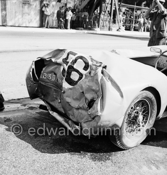 The accident at Sainte-Dévote: Simca Gordini T15S of Robert Manzon, (56). Monaco Grand Prix 1952, transformed into a race for sports cars. This was a two day event, the Sunday for the up to 2 litres (Prix de Monte Carlo), the Monday for the bigger engines, (Monaco Grand Prix). The Aston engine of Parnell blows up in the Ste-Devote and aligns his car against the straw bales, Stagnoli brakes too hard and does a double spin. Moss, Jaguar C-Type XKC 003 and Manzon find an obstructed road, spin and end up against the poor Aston, then Hume spins and reverses into the pile. Fortunately nobody gets hurt. Moss restarted after the accident, but got a black flag for receiving outside help. - Photo by Edward Quinn