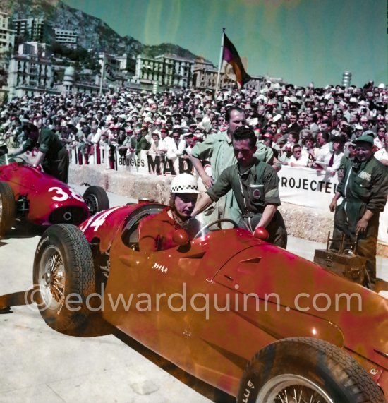 Starting position: Jean Bera, (34) Maserati 250F. Monaco Grand Prix 1955. - Photo by Edward Quinn