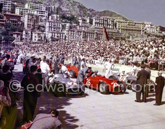 Alberto Ascari, (26) Lancia D50 is sandwiched between Fangio, (2) Mercedes-Benz W196 and Moss, (6) Mercedes-Benz W196. Monaco Grand Prix 1955. - Photo by Edward Quinn