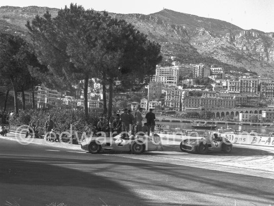 Stirling Moss, (6) Mercedes-Benz W196, Juan Manuel Fangio, (2) Mercedes-Benz W196. Monaco Grand Prix 1955. - Photo by Edward Quinn