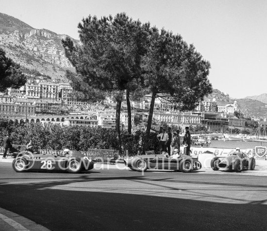 Luigi Villoresi, (28) Lancia D50, Cesare Perdisa, (40) Maserati 250F, Maurice Trintignant, (44) Ferrari 625, (winner of the race). Monaco Grand Prix 1955. - Photo by Edward Quinn