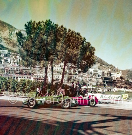 Mike Hawthorn, (18) Vanwall VW I, Harry Schell, (46) Ferrari 625. With the shadow of the Gazomètre. Monaco Grand Prix 1955. - Photo by Edward Quinn