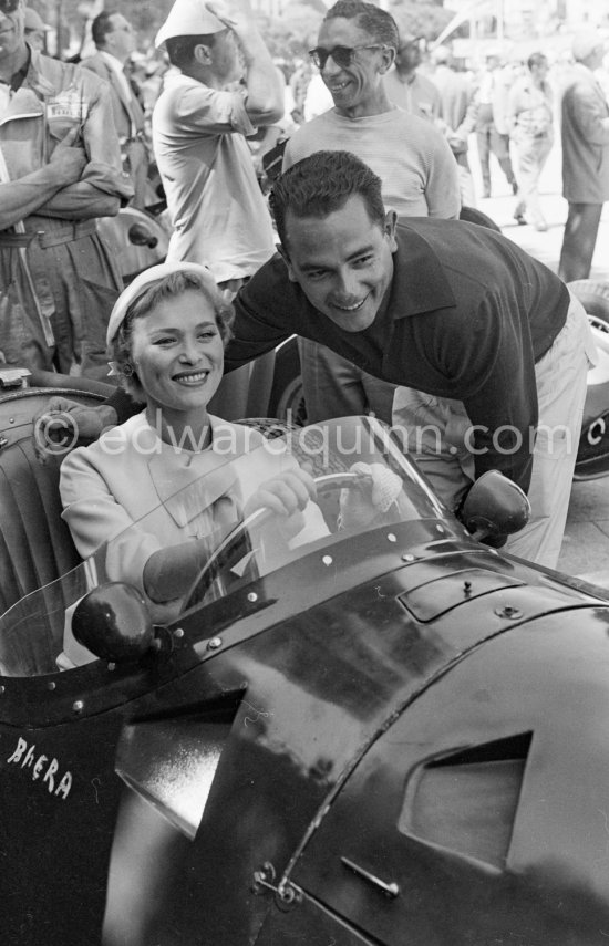 During filming of "The Racers" on the occasion of Monaco Grand Prix 1955: Bella Darvi, Polish French actress, supposed to be a flirt of Prince Rainier, with Jean Behra and his Maserati 250F Monaco Grand Prix 1955. - Photo by Edward Quinn