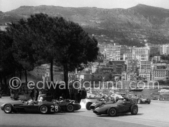 Stirling Moss, (28) Maserati 250F. Eugenio Castellotti, (22) Ferrari-Lancia D50. Harry Schell, (16) Vanwall VWI, Juan M. Fangio, (20) Ferrari-Lancia D50. Peter Collins, (26) Ferrari-Lancia D50. Monaco Grand Prix 1956. - Photo by Edward Quinn