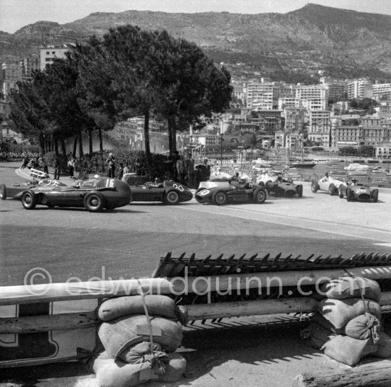 Eugenio Castellotti, (22) Ferrari-Lancia D50. Harry Schell, (16) Vanwall VW2. Juan Manuel Fangio, (20) Ferrari-Lancia D50. Jean Behra, (30) Maserati 250F, Luigi Musso, (24) Ferrari-Lancia D50, Maurice Trintignant, (14) Vanwall VW2. Peter Collins, (26) Ferrari-Lancia D50. Monaco Grand Prix 1956. - Photo by Edward Quinn