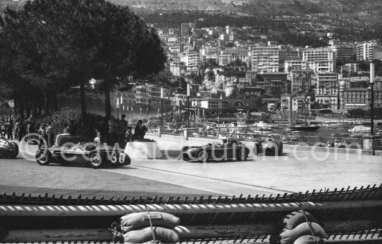 Peter Collins, (26) Ferrari-Lancia D50. Jean Behra, (30) Maserati 250F. Luigi Musso, (24) Ferrari-Lancia D50. Cesare Perdisa, (32) Maserati 250F. Monaco Grand Prix 1956. - Photo by Edward Quinn