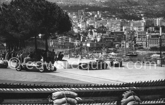 Peter Collins, (26) Ferrari-Lancia D50. Jean Behra, (30) Maserati 250F. Luigi Musso, (24) Ferrari-Lancia D50. Cesare Perdisa, (32) Maserati 250F. Monaco Grand Prix 1956. - Photo by Edward Quinn