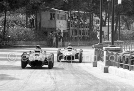 Peter Collins, (26) Ferrari-Lancia D50, Juan Manuel Fangio, (20) Ferrari-Lancia D50. Monaco Grand Prix 1956. - Photo by Edward Quinn