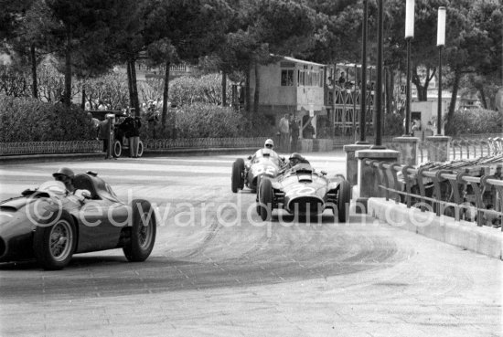 Peter Collins, (26) Ferrari-Lancia D50. Juan Manuel Fangio, (20) Ferrari-Lancia D50, Cesare Perdisa, (32) Maserati 250F. Monaco Grand Prix 1956. - Photo by Edward Quinn