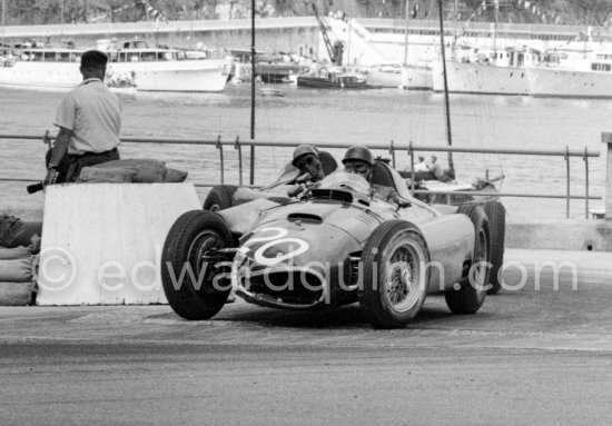 Juan Manuel Fangio, (20) Ferrari-Lancia D50. Peter Collins, (26) Ferrari-Lancia D50. Monaco Grand Prix 1956. - Photo by Edward Quinn