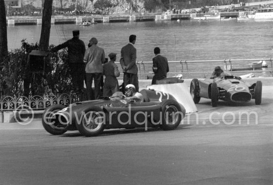 Eugenio Castellotti, (22) Ferrari-Lancia D50. Juan Manuel Fangio, (20) Ferrari-Lancia D50. Monaco Grand Prix 1956. - Photo by Edward Quinn