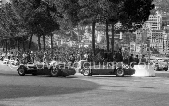 Horace H. Gould, (18) Maserati 250F. Juan Manuel Fangio, (20) Ferrari-Lancia D50, Jean Behra, (30) Maserati 250F. Monaco Grand Prix 1956. - Photo by Edward Quinn