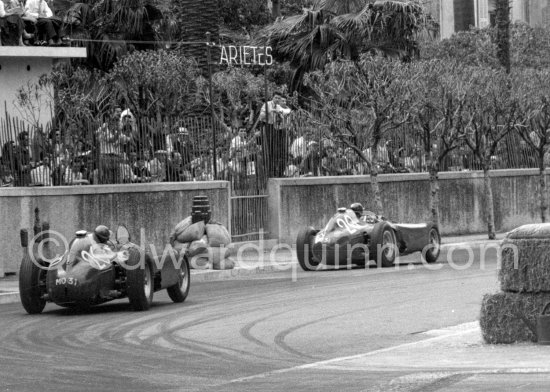 Juan Manuel Fangio, (20) Ferrari-Lancia D50. Peter Collins, (26) Ferrari-Lancia D50. Monaco Grand Prix 1956. - Photo by Edward Quinn