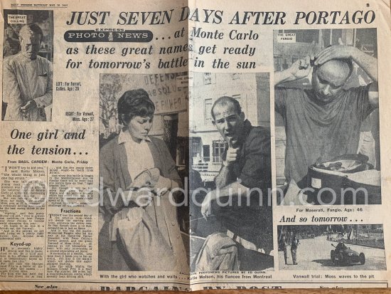 Article with Quinn\'s photos in Daily Express, Saturday, 18.5.1957 (a day after the second practice session). Daily Express made a photomontage of the two photos 160G_129 and 160G_131 for the photo in the center. Monaco Grand Prix 1957. - Photo by Edward Quinn