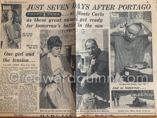 Article with Quinn's photos in Daily Express, Saturday, 18.5.1957 (a day after the second practice session). Daily Express made a photomontage of the two photos 160G_129 and 160G_131 for the photo in the center. Monaco Grand Prix 1957. - Photo by Edward Quinn