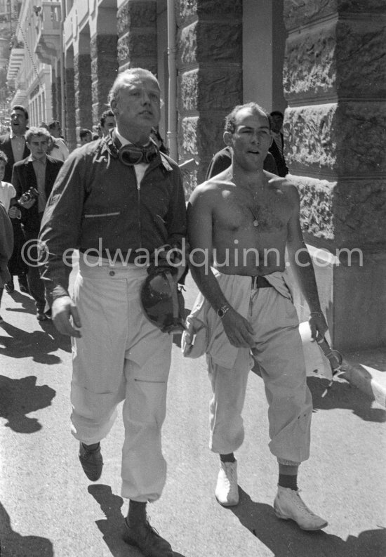 Mike Hawtorn and Stirling Moss on the way to the hospital after their accident in lap 4. Monaco Grand Prix 1957. - Photo by Edward Quinn