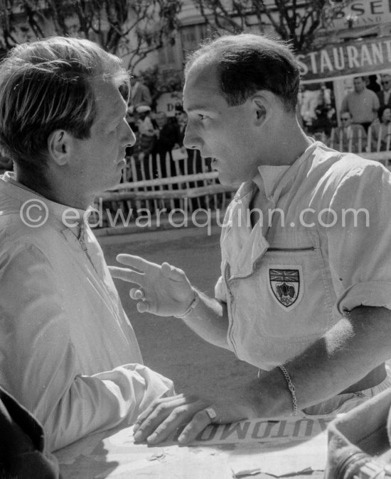 Stirling Moss and Peter Collins. Monaco Grand Prix 1957. Peter Collins came to be seen as one of the three British \'wonder boys\' with Stirling Moss and Mike Hawthorn. Moss and Collins were friends from 1949, Hawthorn came on the scene sometime later, and by 1958 all were first rank Grand Prix and sports car drivers.
 Collins known very much as the \'boy\' , because of his youthful good looks and bubbly spirit, he was determined to be successful at what he had chosen to do. - Photo by Edward Quinn