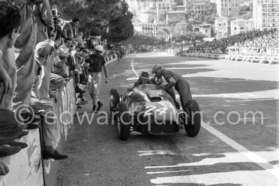 Mike Hawthorn in (24) Ferrari-Lancia D50 of Wolfgang von Trips (left) after 92 laps. Monaco Grand Prix 1957. - Photo by Edward Quinn