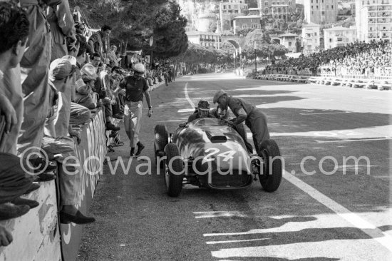 Mike Hawthorn in (24) Ferrari-Lancia D50 of Wolfgang von Trips (left) after 92 laps. Monaco Grand Prix 1957. - Photo by Edward Quinn
