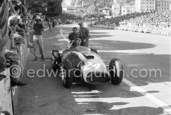 Mike Hawthorn in (28) Ferrari-Lancia D50 of Wolfgang von Trips (left) after 92 laps. Monaco Grand Prix 1957. - Photo by Edward Quinn