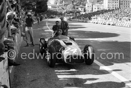 Mike Hawthorn in (28) Ferrari-Lancia D50 of Wolfgang von Trips (left) after 92 laps. Monaco Grand Prix 1957. - Photo by Edward Quinn