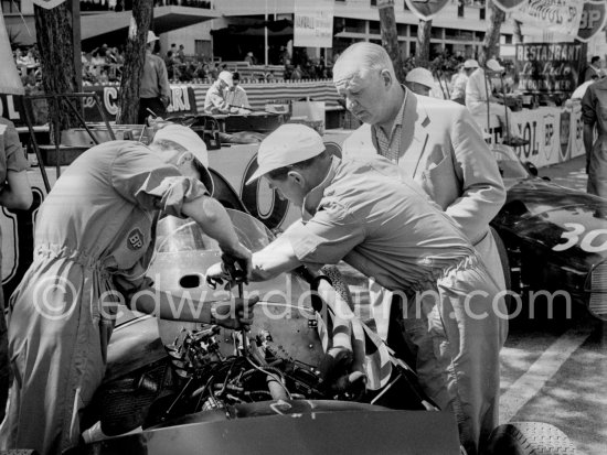 Tony Vandervell, founder of the Vanwall Formula One racing team with a Vanwall car. Monaco Grand Prix 1958. - Photo by Edward Quinn