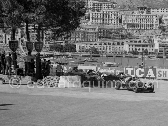 Roy Salvadori, (18) Cooper T45. Jack Brabham, (16) Cooper T45. Maurice Trintignant, (20) Cooper T45 (winner). Jean Behra, (6) B.R.M. P25. Monaco Grand Prix 1958. - Photo by Edward Quinn