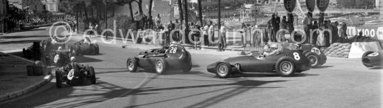 Jean Behra, (6) B.R.M. P25. Tony Brooks, (30) Vanwall VW10. Roy Salvadori, (18) Cooper T45. Jack Brabham, (16) Cooper T45. Maurice Trintignant, (20) Cooper T45 (winner). Stirling Moss, (28) Vanwall VW7. Harry Schell, (8) B.R.M. 25. Mike Hawthorn (38) Ferrari Dino 246. Monaco Grand Prix 1958. - Photo by Edward Quinn