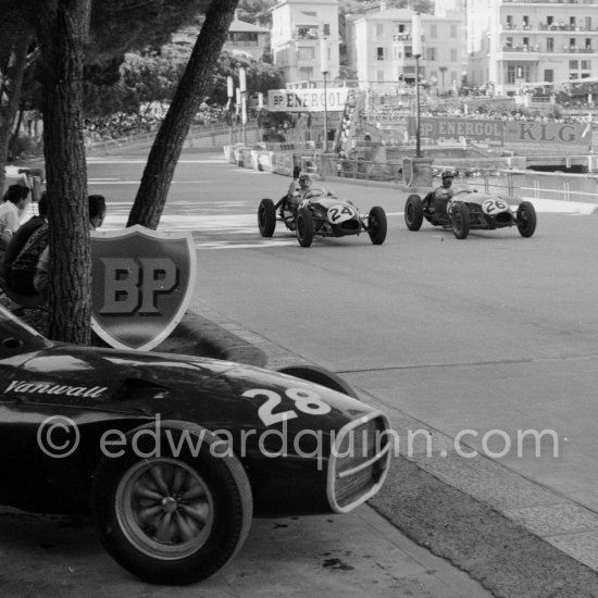 Stirling Moss\' car, (28) Vanwall VW7. Cliff Allison (24), Lotus 12, Graham Hill (26), Lotus 12. Monaco Grand Prix 1958. - Photo by Edward Quinn