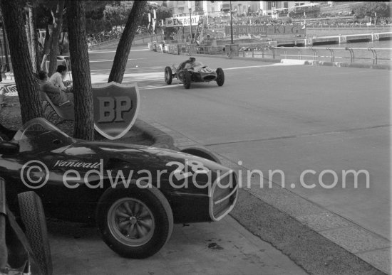 Stirling Moss' car, (28) Vanwall VW. Jack Brahbam, (16) Cooper T45. Monaco Grand Prix 1958. - Photo by Edward Quinn