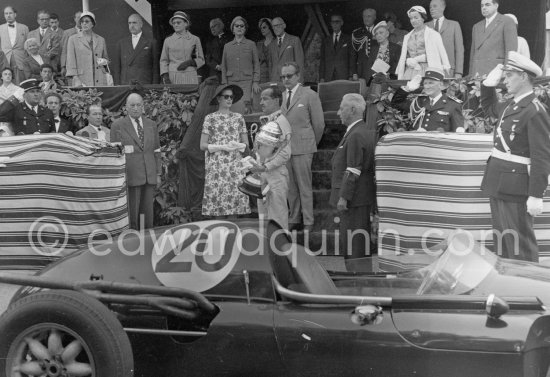 Princess Grace and Prince Rainier. Maurice Trintignant, (20) Cooper T45, the race\'s winner. Monaco Grand Prix 1958. - Photo by Edward Quinn