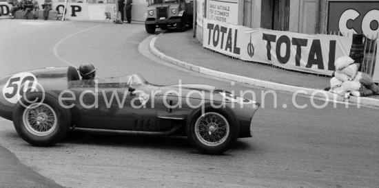 Tony Brooks cornering his short-nosed Ferrari 246 F1 Dino (50)  at the Gasometer. He finished second.  Monaco Grand Prix 1959. - Photo by Edward Quinn