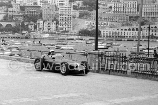 Stirling Moss, trying the B.R.M. P25 of Joakim Bonnier, Monaco Grand Prix 1959. - Photo by Edward Quinn