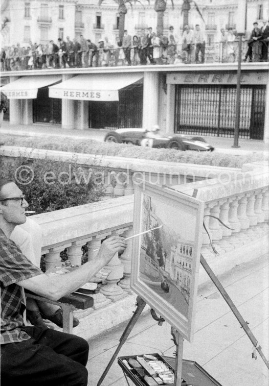 Unknown painter, well known driver: Jack Brabham, (8) Cooper T53. Painting Massenet, the long, left-hand corner that skirts the Monaco opera house. Monaco Grand Prix 1960. - Photo by Edward Quinn