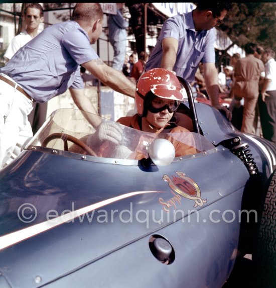 The much awaited Scarab cars appear for the first time in Europe. Lance Reventlow, the driver-owner-constructor, prepares for trial laps. Monaco Grand Prix 1960. - Photo by Edward Quinn