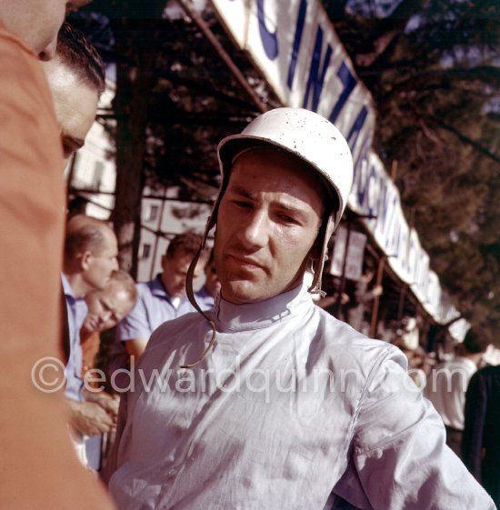 Stirling Moss befor he tried one of the Scarabs. They were disappointingly slow and to find out if it was the driver or the car, owner Reventlow let Stirling Moss try one. He did a better time but it would not have been enough to qualify. Monaco Grand Prix 1960. - Photo by Edward Quinn