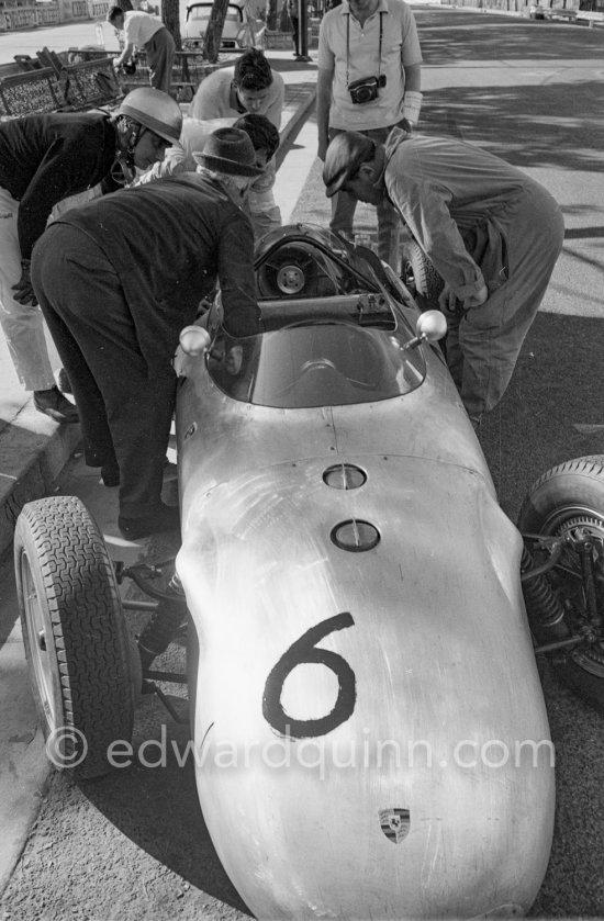 Hans Herrmann\'s Porsche 787 Prototype. On the left Hans Hermann. Monaco Grand Prix 1961. - Photo by Edward Quinn