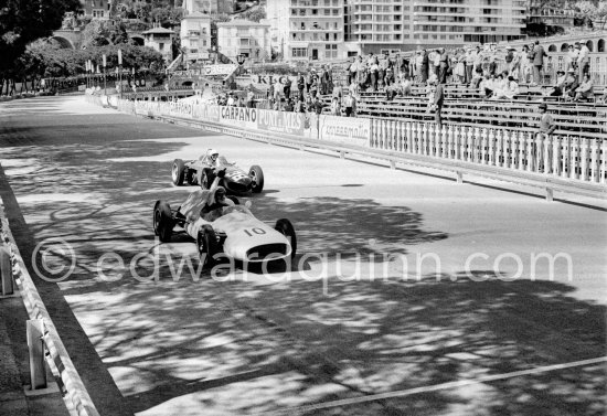 Lucien Bianchi, (10) Emeryson-Maserati 1001 (not qualified), Phil Hill (38), Ferrari 156. Monaco Grand Prix 1961. - Photo by Edward Quinn