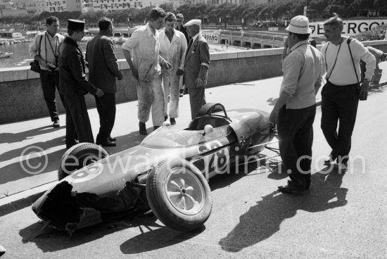 Practice saw Jim Clark crash his Lotus heavily at Ste Devote. Monaco Grand Prix 1961. - Photo by Edward Quinn